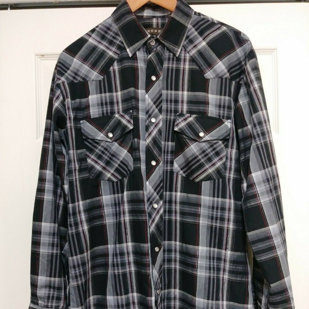 Roper‎ Men's M Pearl Snap Black Gray Metallic Plaid